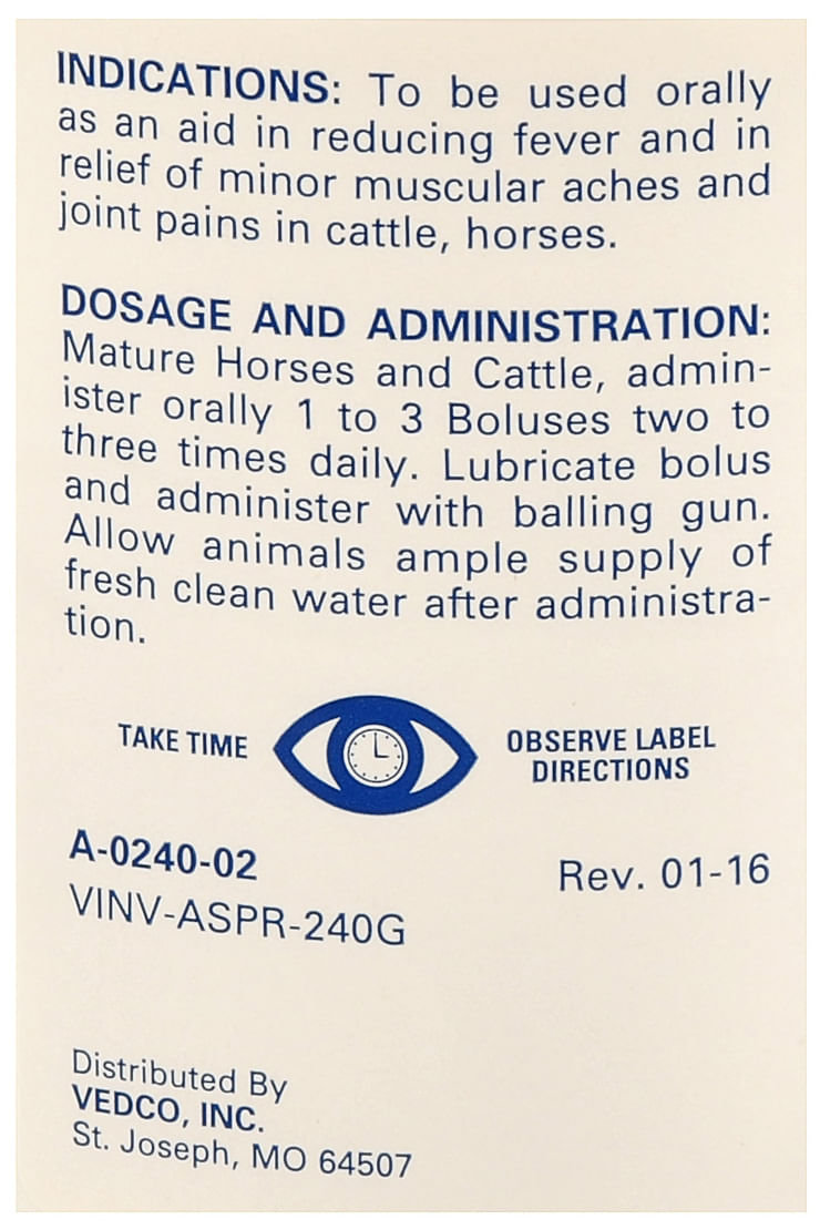 Aspirin Bolus 240 Grain for Horse and Cattle Pain Relief Jeffers