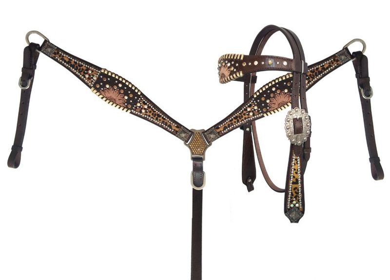 Western Dark Oil Leather Printed Inlay Tack Set of headstall and