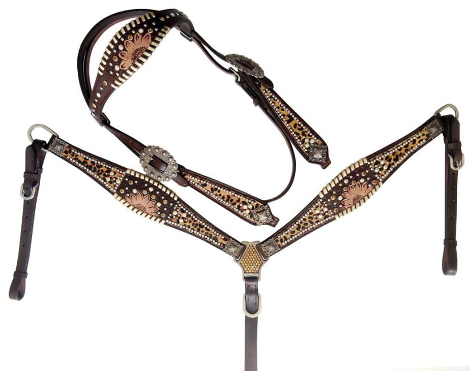 Showman Cheetah Print Headstall, Breast Collar, Reins Set With