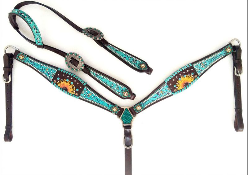 Turquoise Blue & Chocolate Brown Western Headstall and Breast