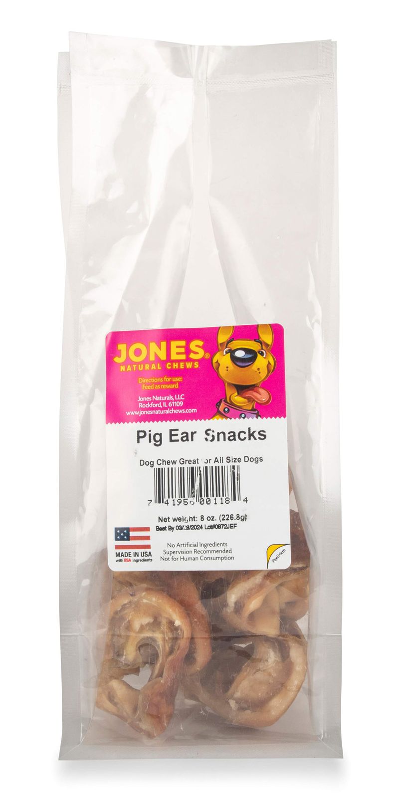 Jones Natural Chews Pig Ear Snacks Dog Treats, 8 oz Jeffers