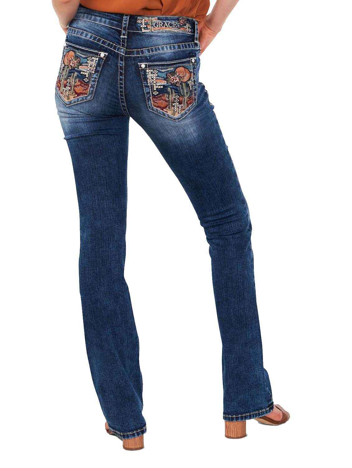 Grace in LA Cactus Scene Embroidered Mid Rise Bootcut Jeans - Jeffers