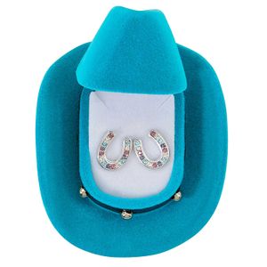 Multi Colored Horseshoe Earrings with Blue Cowboy Hat Box