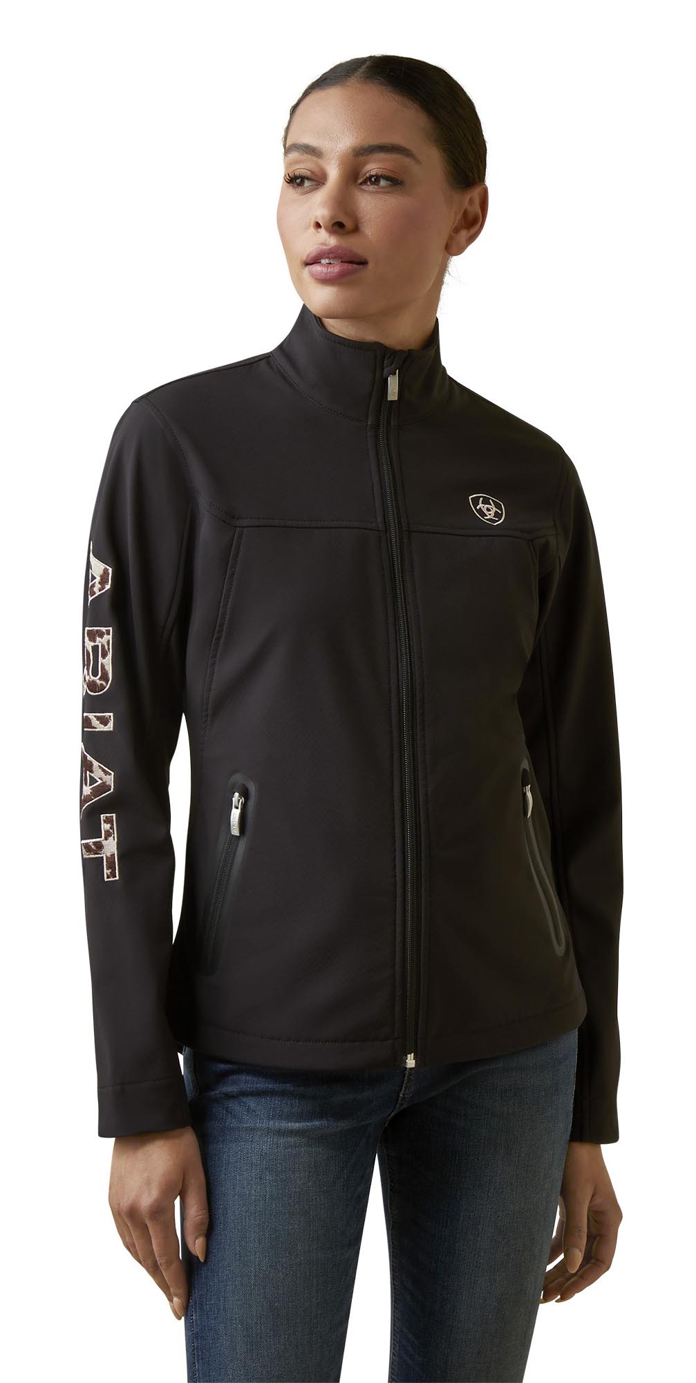 Women's Cow Print Embroidered Team Softshell Jacket, Black by Ariat